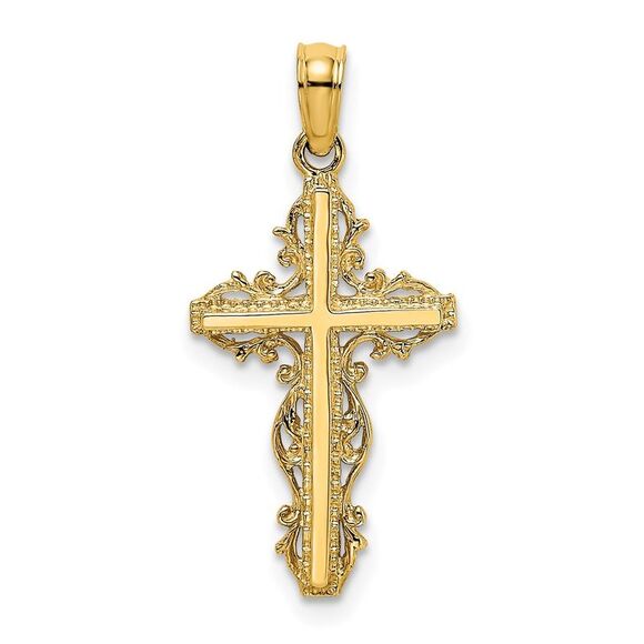 14k Yellow Gold Stick Cross w/ Lace Trim Charm